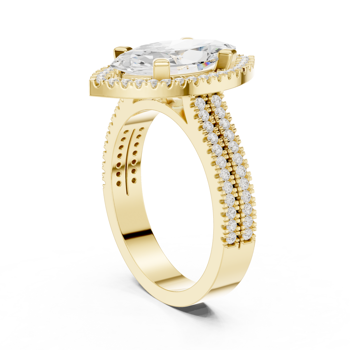Marquise Halo Ring — digital render in a yellow metal tone