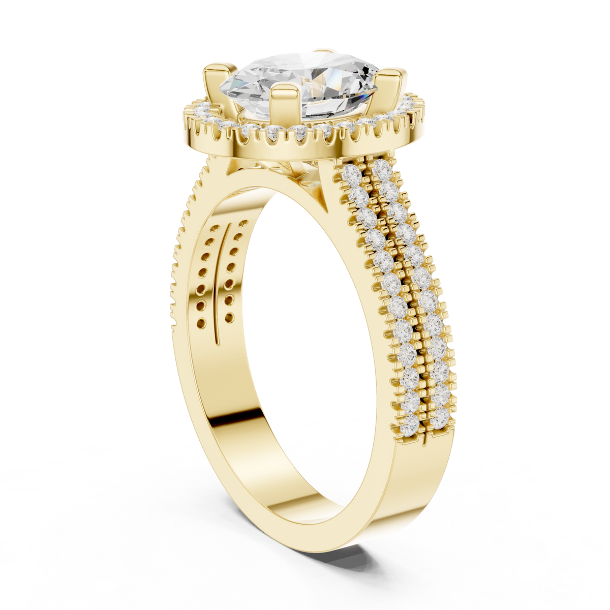 Oval Halo Ring — digital render in a yellow metal tone