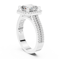 Asscher Halo Ring — digital render in a white metal tone