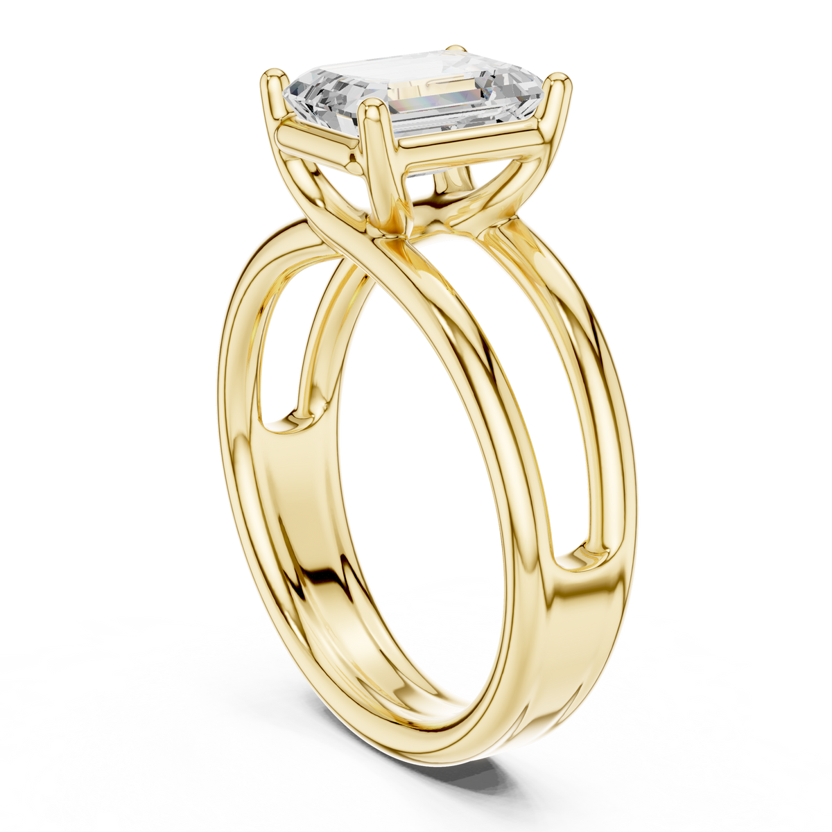 Emerald-Cut Triple-Shoulder Solitaire Ring — 9 EM — digital design render