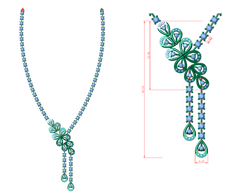 Floral Triple-Drop Necklace — SBWN-056 — technical CAD preview