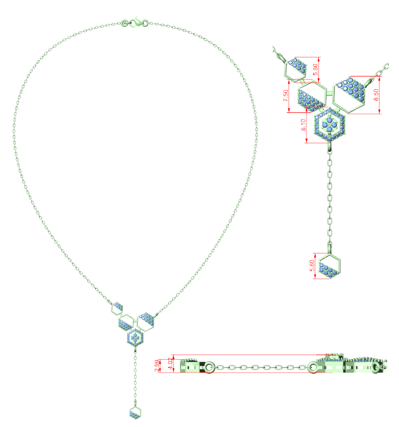 Hexagon Cluster Drop Necklace — SBWN-019 — technical CAD preview